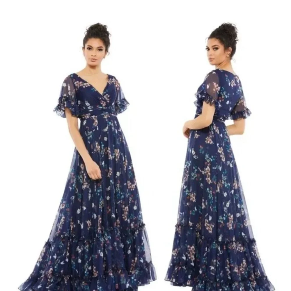 Mac Duggal 70241 Womens Navy Blue Floral Print Ruffle Long Chiffon Maxi Dress - Picture 1 of 2